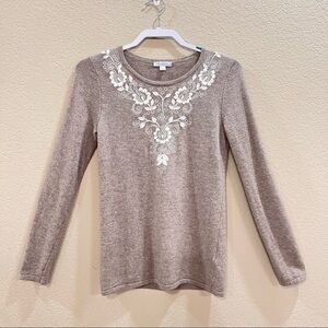 GARNET HILL DESIGNER SWEATER EMBROIDERED TAUPE LAMBWOOL ANGORA BLEND SZ S CASUAL